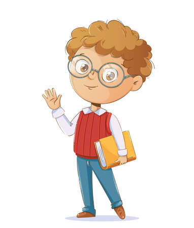 Back to school concept. Cheerful schoolboy with a book. Cute cartoon character. Vector illustration isolated on white backgroundのイラスト素材