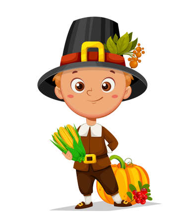 Happy Thanksgiving Day. Cute little pilgrim boy cartoon character standing with corn, pumpkin and cranberry. Stock vector illustration on white backgroundのイラスト素材