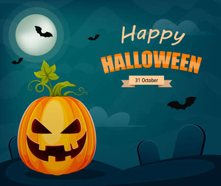 Happy Halloween greeting card. Creepy Jack O Lantern with cemetery on background. Stock vector illustration for holidayのイラスト素材
