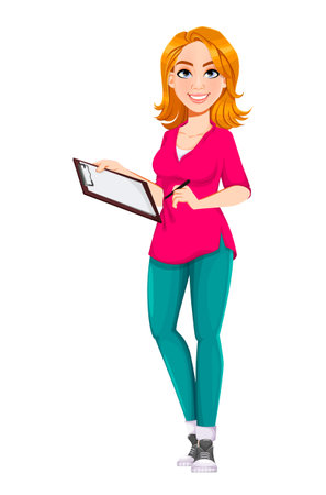 Successful businesswoman. Cute business woman cartoon character holding clipboard. Stock vector illustration.のイラスト素材