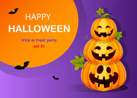 Happy Halloween greeting card. Three funny Jack O Lanterns sitting on each other. Stock vector illustration for holidayのイラスト素材
