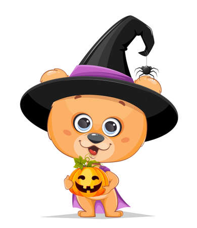Happy Halloween greeting card. Cute little bear in witch hat holding Jack o Lantern. Stock vector illustration white backgroundのイラスト素材