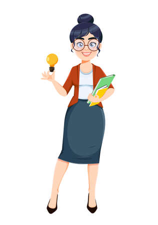 Happy Techer day. Cute female teacher cartoon character having a good idea. Stock vector illustration isolated on white backgroundのイラスト素材