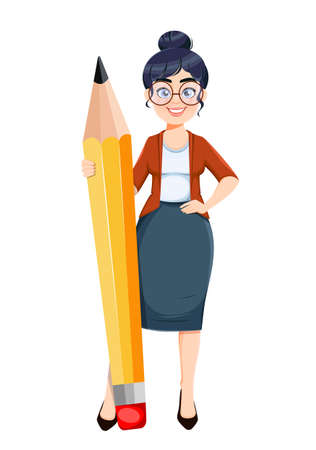 Happy Techer day. Cute female teacher cartoon character standing near big pencil. Stock vector illustration.のイラスト素材