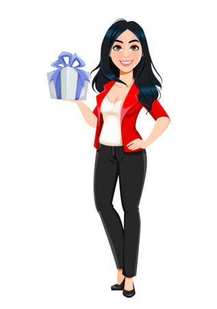 Business woman, manager, banker, beautiful successful girl. Businesswoman cartoon character holding a gift box. Stock vector illustrationのイラスト素材