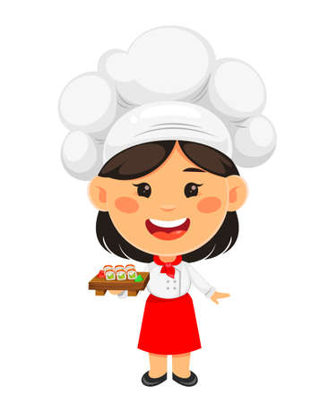 Happy cute girl chef cooking. Cheerful cook girl cartoon character. Stock vector illustration on white backgroundのイラスト素材