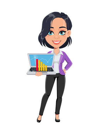 Cute cartoon character business woman holding laptop. Cute businesswoman. Stock vector illustration on white backgroundのイラスト素材