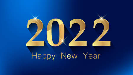 Happy New Year greeting card with golden number 2022 and congratulatory words. Vector illustration on blue backgroundのイラスト素材
