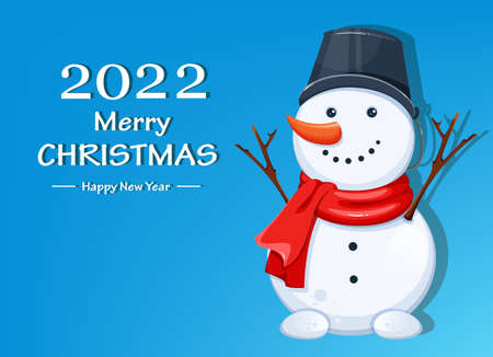 Merry Christmas greeting card with snowman. Funny snowman cartoon character. Usable for greeting card, poster, flyer etc. Stock vector illustrationのイラスト素材