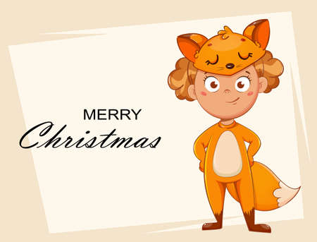 Smiling girl in costume of fox. Child in Christmas carnival costume, cute cartoon character. Stock vector illustrationのイラスト素材