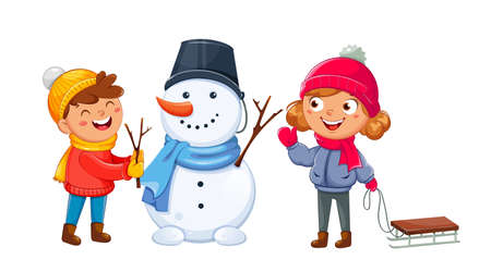 Merry Christmas greeting card with cheerful kids playing with snowman, cute cartoon characters. Hello winter concept. Stock vector illustration on white backgroundのイラスト素材
