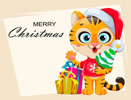 Merry Christmas greeting card. Cute cartoon character tiger in Santa hat standing near gift boxes. Stock vector illustrationのイラスト素材