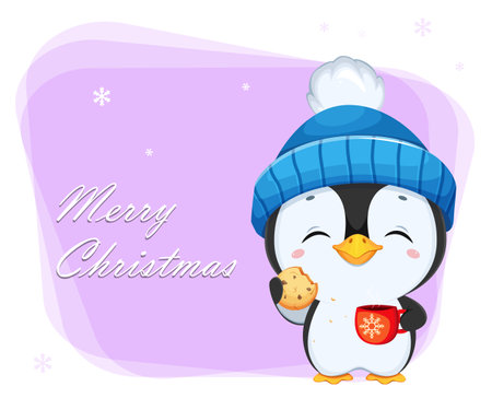 Merry Christmas greeting card with cute little penguin cartoon character. Funny penguin in blue hat holding a cup of cocoa and cookie. Happy New Year. Stock vector illustrationのイラスト素材