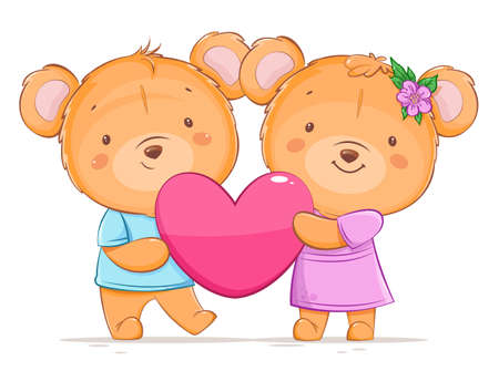 Happy Valentines day greeting card, two bears holding big pink heart. Cute little bears cartoon characters. Stock vector illustrationのイラスト素材