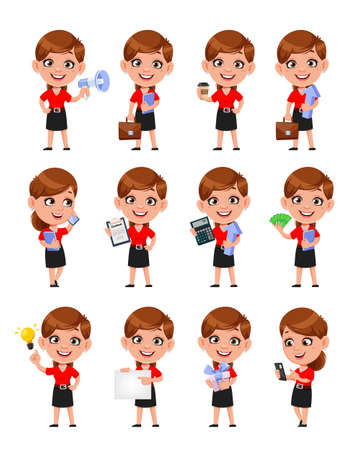 Cartoon business woman, set of twelve poses. Cheerful businesswoman cartoon character. Stock vector illustration on white backgroundのイラスト素材