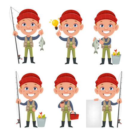 Fisherman, set of six poses. Cheerful fisher cartoon character. Stock vector illustration on white backgroundのイラスト素材