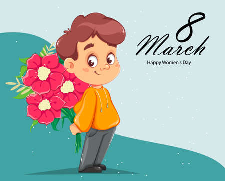 Happy Women's day greeting card. Cheerful boy with a bouquet of flowers. 8 March. International Women day. Stock vector illustrationのイラスト素材