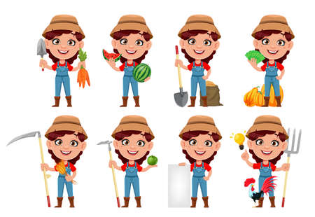 Farmer woman cartoon character, set of eight poses. Cute girl farmer. Stock vector illustration on white backgroundのイラスト素材