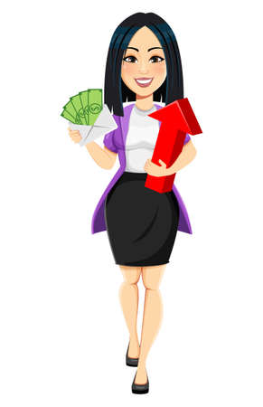 Concept of modern young Asian business woman. Cartoon character businesswoman holding money and red arrow. Vector illustration on white backgroundのイラスト素材