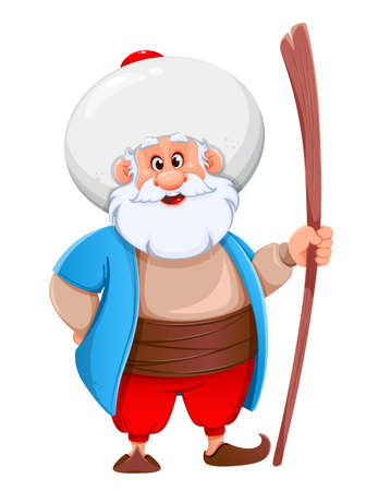 Ramadan Kareem. Happy Ramadan. Eid al-Adha Mubarak. Funny cartoon character Nasreddin Hodja. Kurban Bayrami. Vector illustration for traditional Muslim holiday on white backgroundのイラスト素材