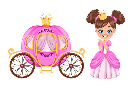 Cute little princess and carriage. Cheerful princess cartoon character. Stock vector illustration isolated on white backgroundのイラスト素材