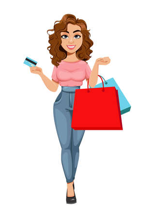 Beautiful business woman goes shopping. Cute young businesswoman cartoon character. Stock vector illustrationのイラスト素材