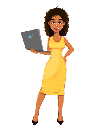 Beautiful African American business woman holding laptop. Cute young businesswoman cartoon character. Stock vector illustration on white backgroundのイラスト素材