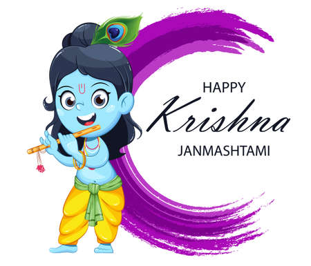 Happy Krishna Janmashtami greeting card. Lord Krishna cartoon character playing flute. Happy Janmashtami festival of India. Stock vector illustrationのイラスト素材