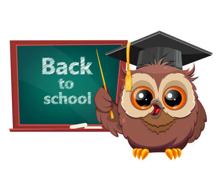 Wise owl in graduation cap standing near blackboard. Back to school. Cute owl cartoon character. Stock vector illustrationのイラスト素材