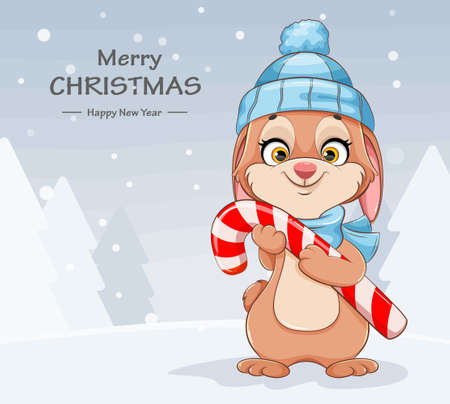 Merry Christmas greeting card. Cute cartoon character rabbit in warm hat holding big candy cane. Stock vector illustration for holidayのイラスト素材