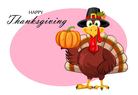 Happy Thanksgiving Day greeting card. Funny Thanksgiving Turkey bird in pilgrim hat holding pumpkin. Stock vector illustrationのイラスト素材