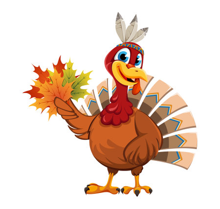 Happy Thanksgiving Day. Funny Thanksgiving Turkey bird holding maple leaves. Stock vector illustration on white backgroundのイラスト素材
