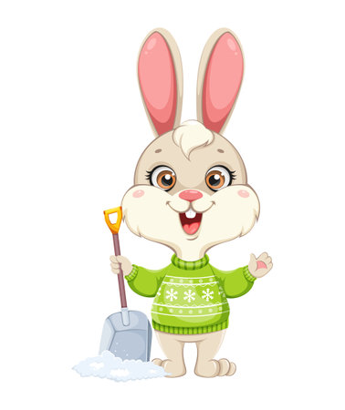 Cute Rabbit cartoon character. Funny bunny cleaning snow. Merry Christmas and Happy New Year, year of the Rabbit. Stock vector illustration on white backgroundのイラスト素材