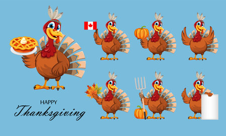 Happy Thanksgiving Day. Cheerful Thanksgiving Turkey bird, set of seven poses. Stock vector illustration on blue backgroundのイラスト素材