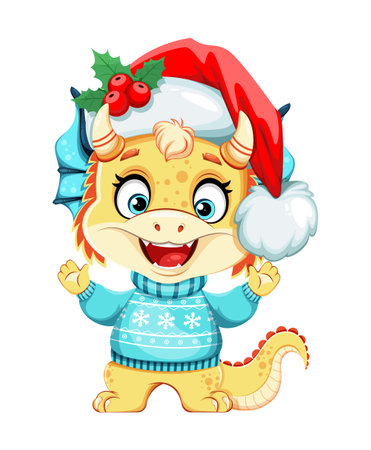 Merry Christmas and Happy New Year. Cute little dragon in Santa hat. Funny cartoon character. 2024 - year of the Dragon. Stock vector illustrationのイラスト素材