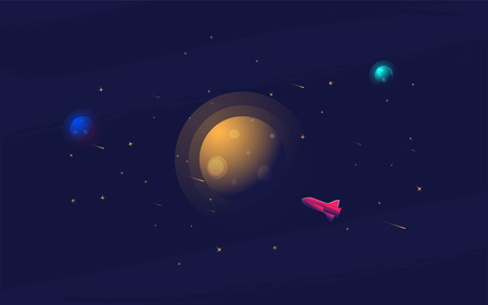 Vector flat space design background. Cute template with Spaceship, Rocket, Stars in Outer spaceのイラスト素材