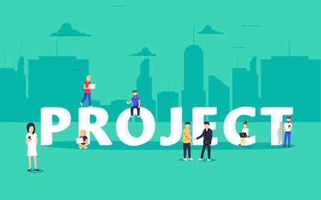 Project teamwork concept illustration of business people using laptops and smartphones.. Manager, designer, programmer and other colleagues working together as team. Flat design for website banner and landing pageのイラスト素材