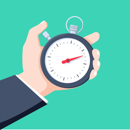 Man holds in his hand a sports stopwatch. Time management concept. Fast reaction business abstract picture. Vector illustration.のイラスト素材