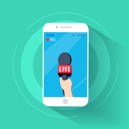 news TV cell phone and live in mobile phone with camera frame. rec and record cartoon. hand and mic vector.のイラスト素材