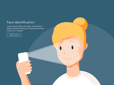 Face identification of young woman. Vector illustration of woman holds smartphone in her hand for getting access to device via face recognition technology.のイラスト素材