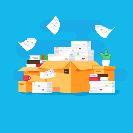 Pile of paper documents and file folders. Carton boxes. Bureaucracy, paperwork, office. Vector illustration in flat style. Busy with paperwork in office.のイラスト素材