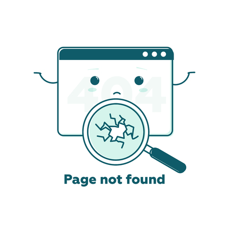 Page not found concept, 404 error web page with cute cartoon face. Flat line illustration concept for web and mobile design. Design tamplate Link to a non-existent page. Broken magnifier searching.のイラスト素材