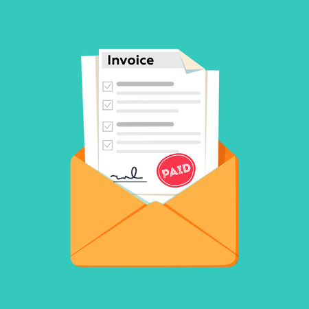 Invoice flat icon. Payment and bill invoice. Order symbol concept. Tax sign design. Paper invoice document in envelope.のイラスト素材