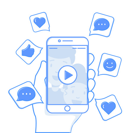 Viral content conceptual illustration. Likes, shares and comments popping up on the mobile screen. Video content for millennials. Flat line editable vector illustration, clip art.のイラスト素材