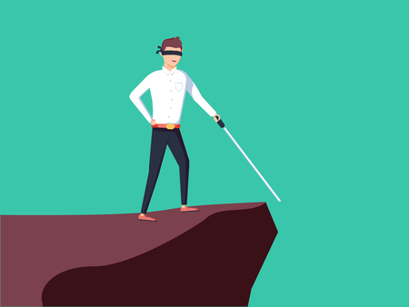 Business vision, strategy, success vector concept with businessman standing on top of rock or mountain above holeのイラスト素材