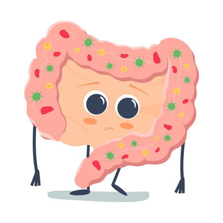 Microscopic bad bacterias. microflora, viruses in sick unhealthy Intestine. Vector flat illustration icon cartoon character design. Human intestine microflora. Digestive tract or alimentary canalのイラスト素材