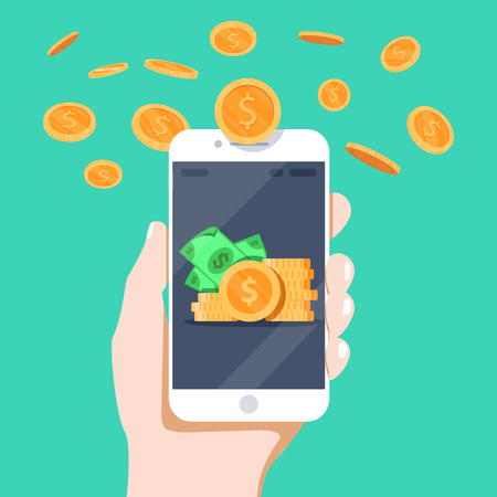 Cash back sticker, labels, emblem. Gold coins in smartphone. Cashback or money refund concept. Flat vector illustration. Ecommerce business profit success, financial results.のイラスト素材