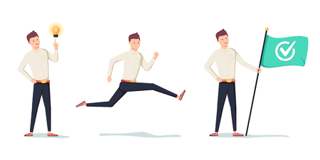 Businessman in different emotions and expressions. Businessperson in casual office look. Creative young man character set of poses and actionsのイラスト素材