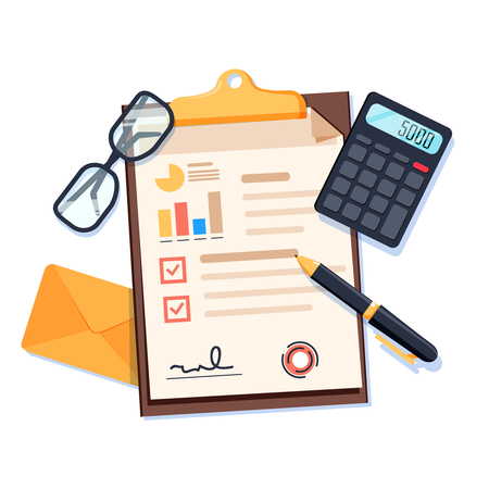 Desk top view with documents, pen and calculator and envelope. Business accounting or audit background concept.のイラスト素材