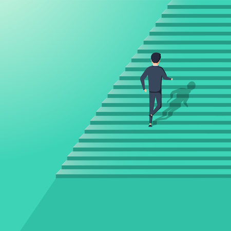 Business career development vector illustration concept. Symbol of corporate ladder climbing, success, achievement and progress. Businessman running up stairway to the top. Professional growthのイラスト素材